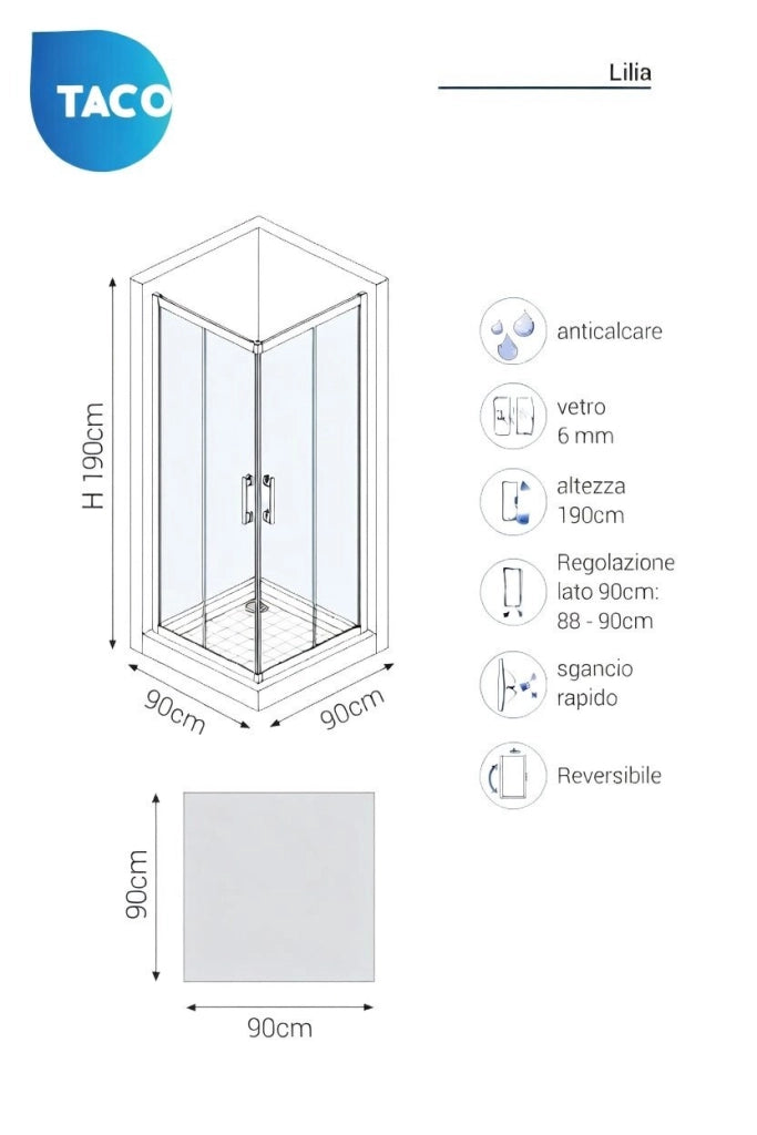 Box doccia angolare 90x90 cm con ante scorrevoli in cristallo temperato 6mm H 190cm LILIA - Cromato Lucido