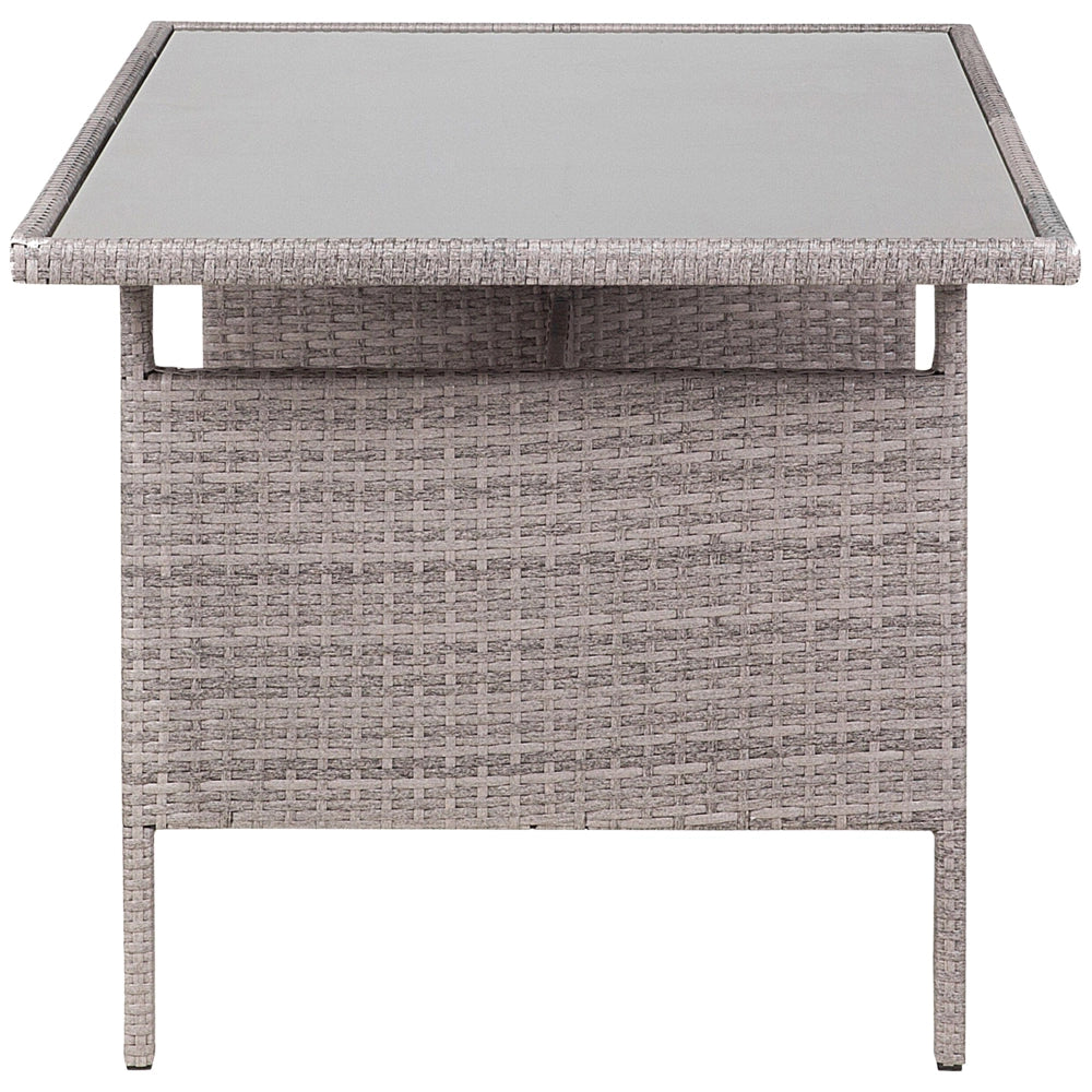 Set da pranzo ad angolo da giardino grigio finto rattan con cuscini divano panca tavolo rettangolare piano in vetro 80 x 145 cm vimini