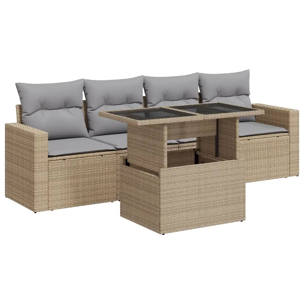 Set Divano da Giardino 5 pz con Cuscini Beige in Polyrattan