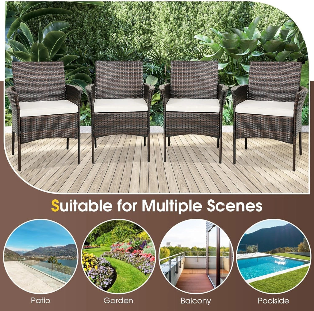 Set di 4 sedie da giardino in rattan, poltrone da esterno con cuscini estraibili, sedie in rattan per giardino, balcone, patio, marrone + beige