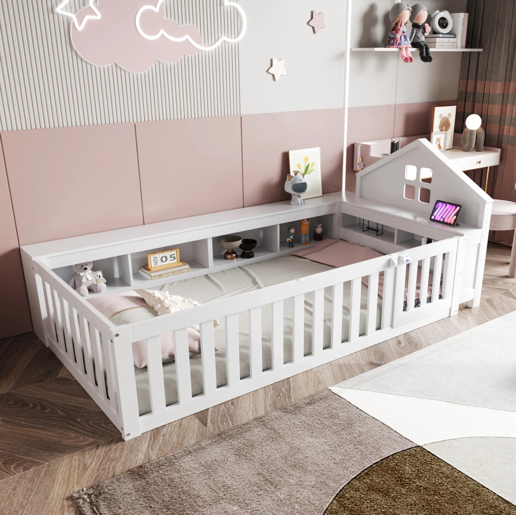Letto per bambini 90x200 cm con contenitore; tetto con finestra; bianco