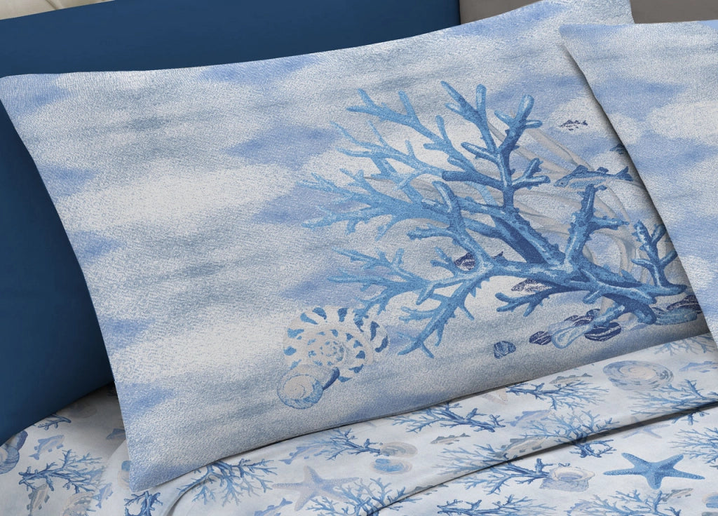 Completo Lenzuola Letto Pensieri Delicati 100% Cotone Dis. Marina New - Matrimoniale - Blu
