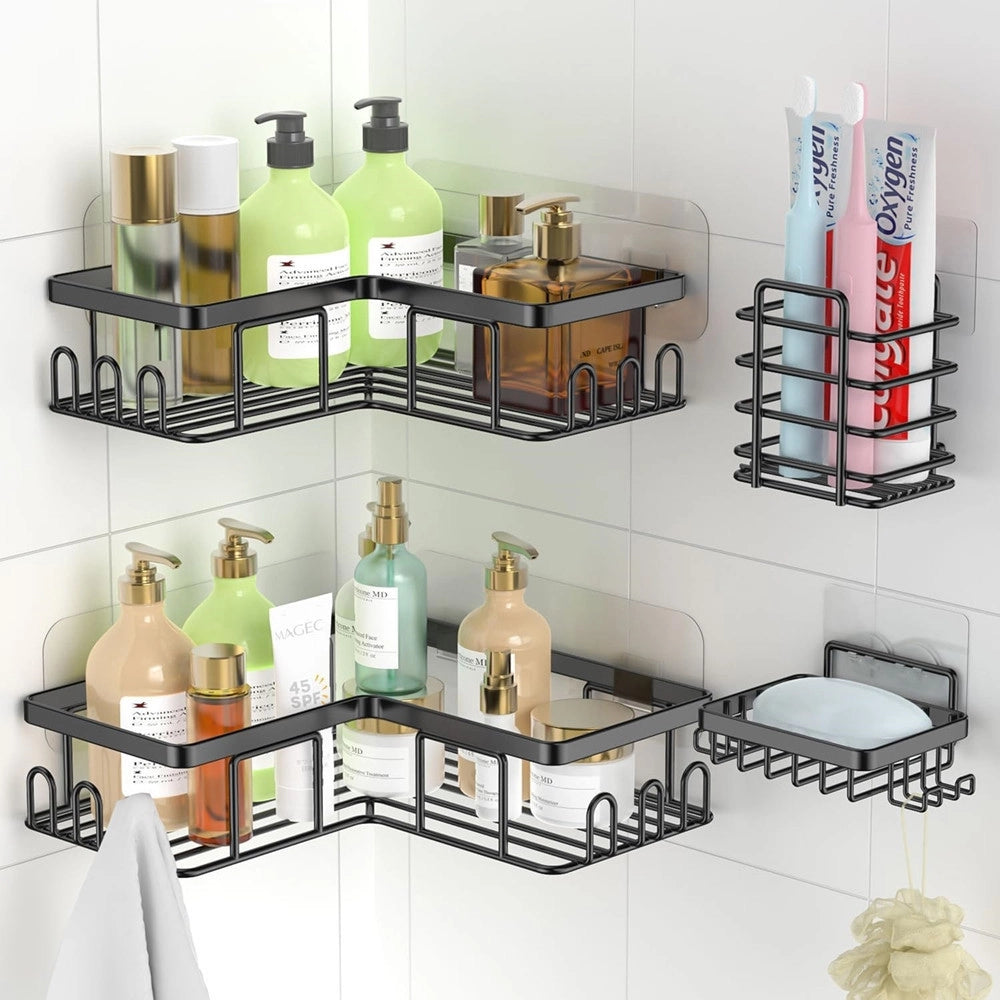 Trade Shop - Set 4pz Mensole Portaoggetti Angolari Portasapone In Acciaio Autoadesivo Per Bagno Doccia -