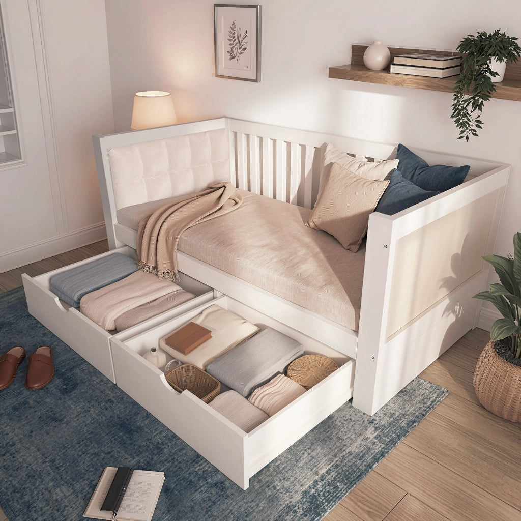 Divano letto con 2 cassetti 90x200 cm in legno bianco