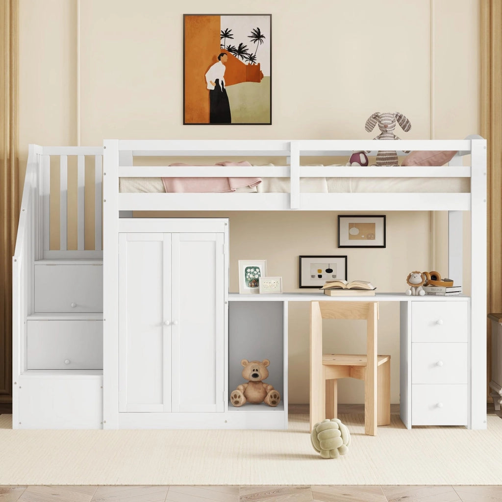 OKWISH Letto a Soppalco 90×200 cm, Letto Singolo con Scrivania, Armadio, 3 Cassetti, Scala Contenitore e Vano a Giorno, senza Materasso, Bianco