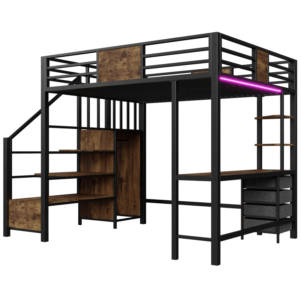 Letto a soppalco con LED e scrivania integrata LEMONMAX; 140x200 cm; 4 cassetti; appendiabiti aperto; presa europea; h letto 144 cm; nero
