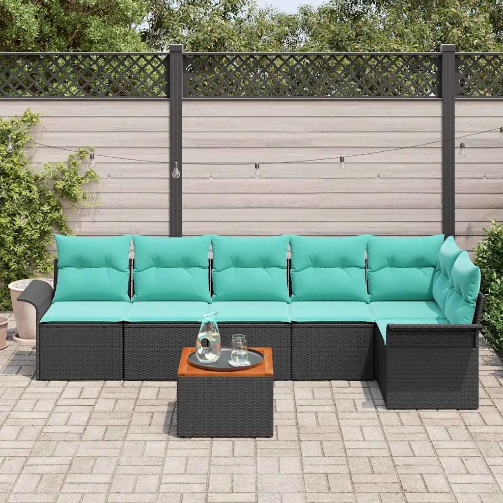 Set Divano da Giardino 7 pcs Nero e Turchese polyrattan