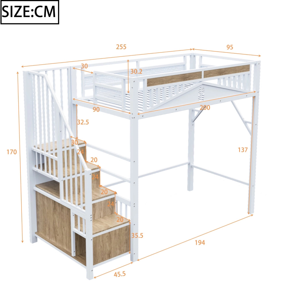Letto a soppalco 90x200 cm in metallo e legno; con scala contenitore; bianco