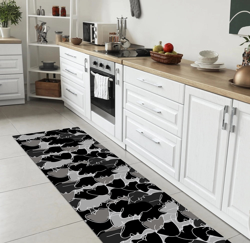 Tappeto Cucina Antiscivolo Made in Italy Passatoia Antimacchia Multiuso Corridoio Soggiorno Lavabile in Lavatrice - 50x200 - Face nero