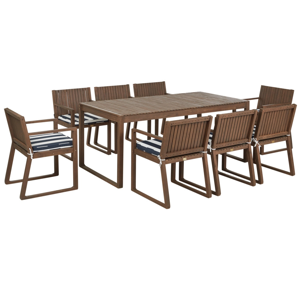 Set da pranzo da giardino 9 pezzi in legno di acacia chiaro 8 sedie con cuscini di seduta strisce blu navy e bianche