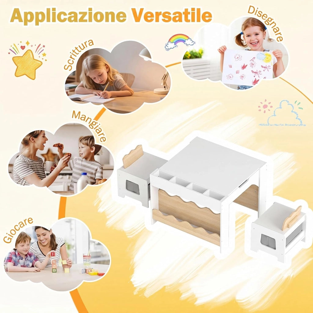 4 in 1 Set Tavolo e 2 Sedie per Bambini 3+ Anni (Naturale e Bianco) | Tavolo e Sedie con Lavagna Rimovibile, Sedia con Cassetto in Tessuto, Mobile in Legno Versatile per Cameretta e Soggiorno