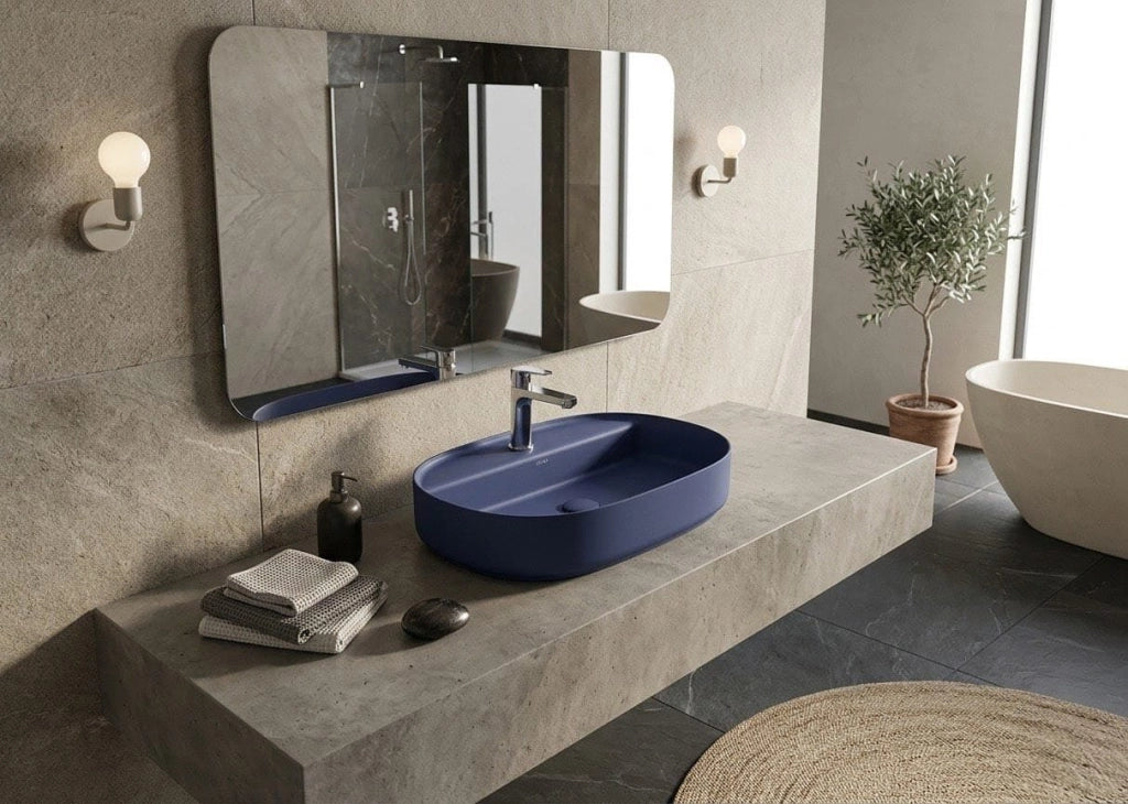 Lavabo ovale da appoggio senza troppo pieno in ceramica con foro rubinetto - Blu Opaco