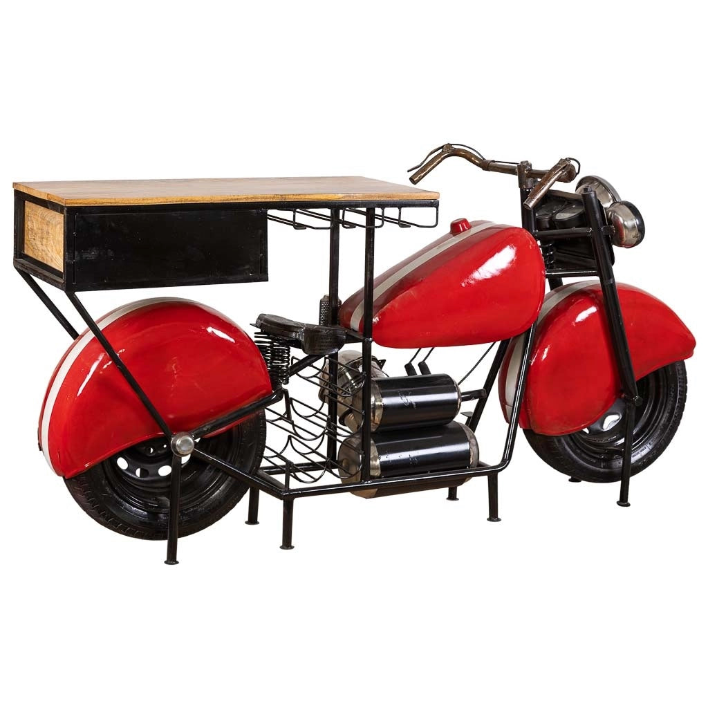 Barra portabottiglie moto in legno rosso e metallo 200x43x94h