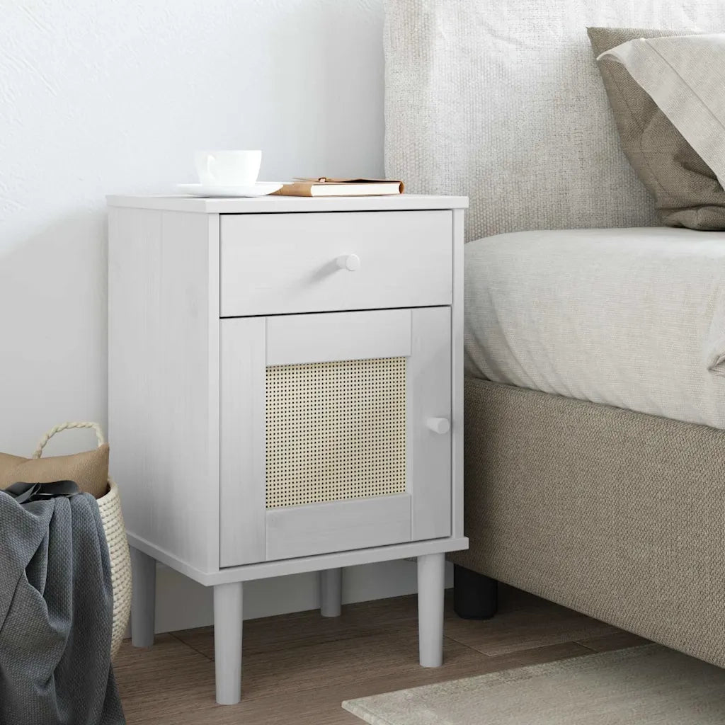 Comodino SENJA Aspetto Rattan Bianco 40x35x65 cm in Legno Pino 358014