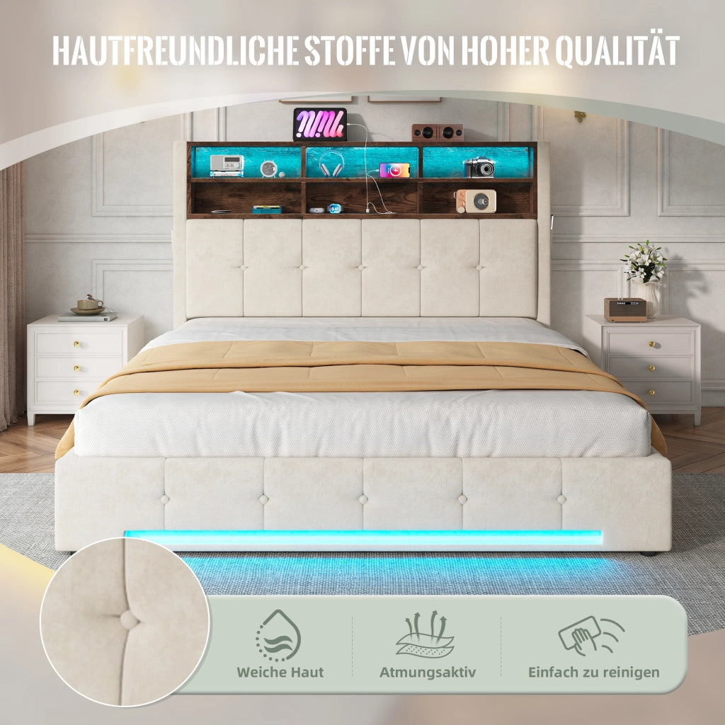 Letto imbottito 160x200 cm idraulico con LED USB colore beige in metallo e velluto