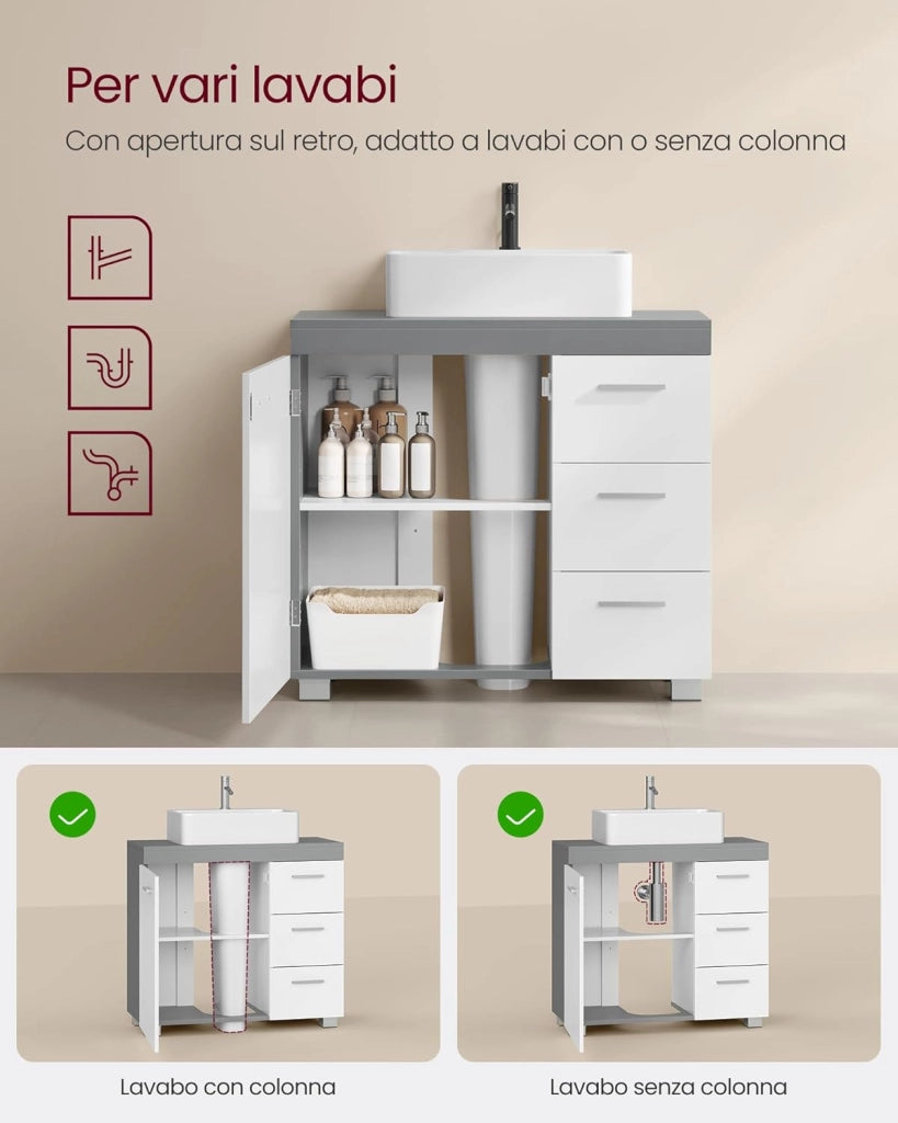 VASAGLE Mobile Sottolavabo per Bagno, Mobiletto da Bagno, 3 Cassetti Laterali, 2 Scomparti dietro l'Anta, per Lavabi con Colonna, con Piedini, 30 x 70 x 64 cm, Bianco Nuvola e Grigio Tortora BBK504W02