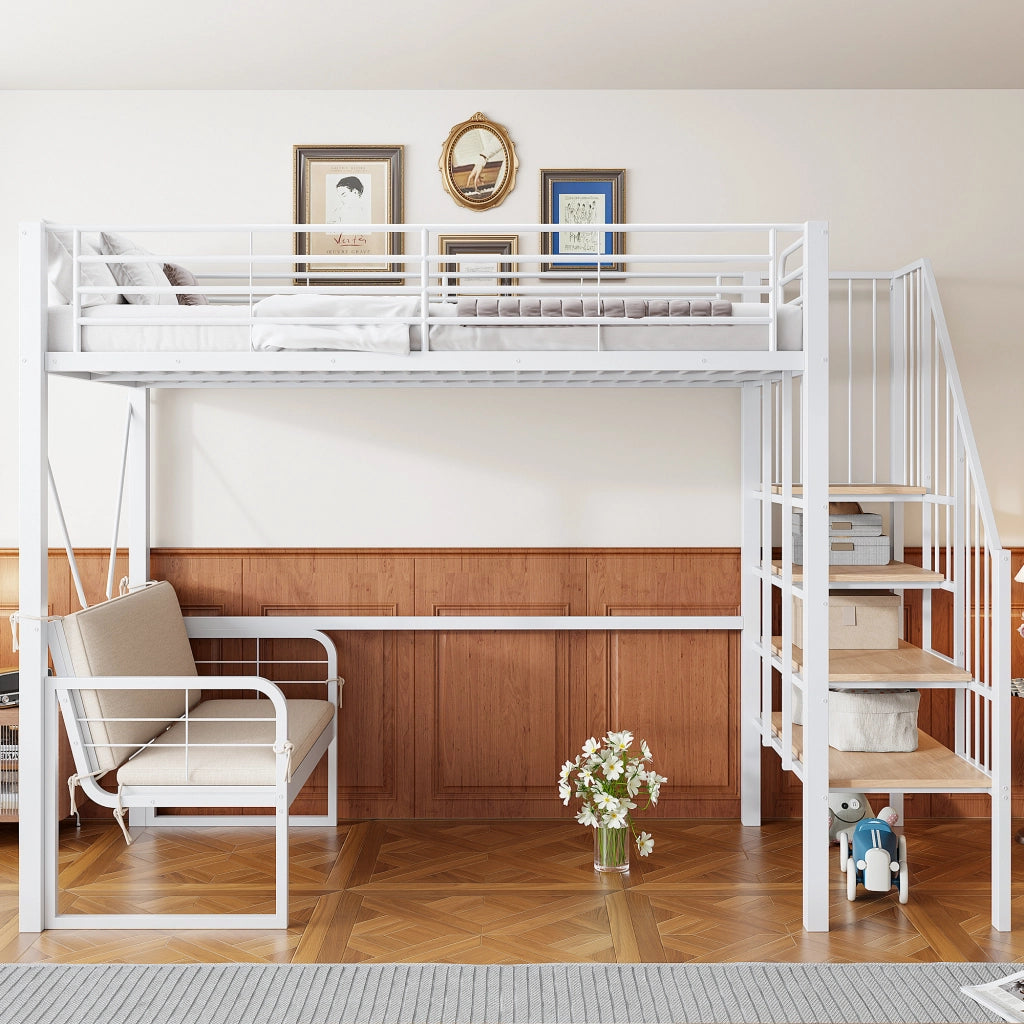 LETTO A CASTELLO 90x200 cm in metallo bianco con divano imbottito rimovibile
