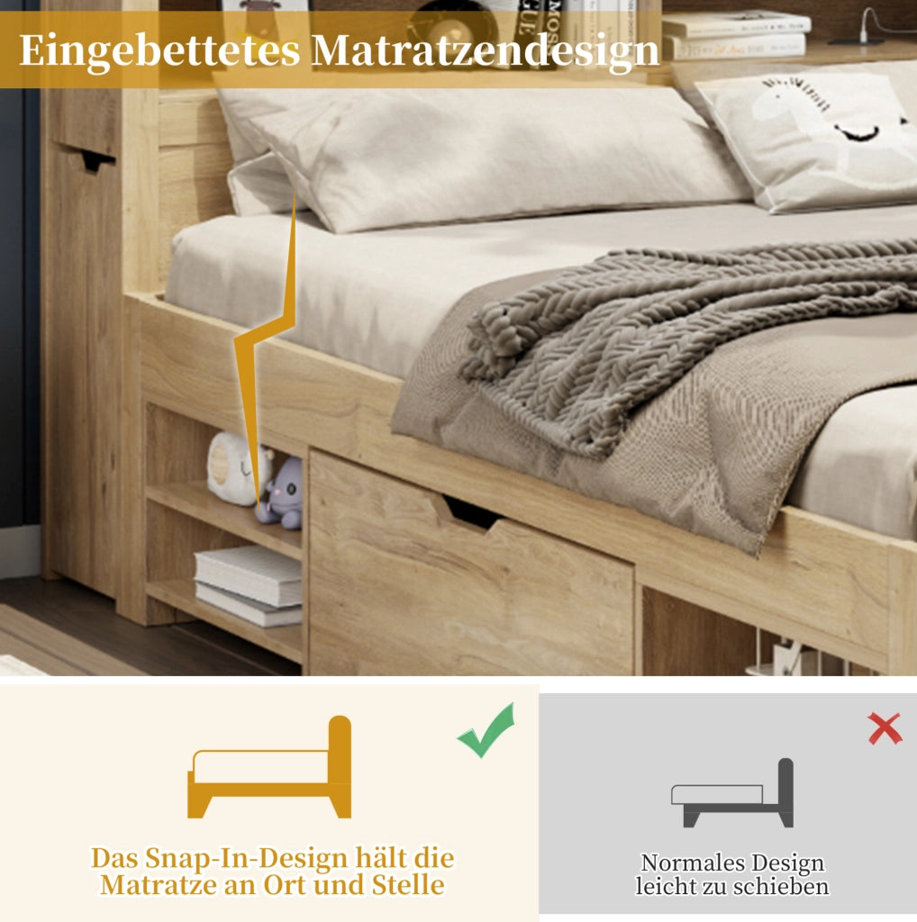 Letto per bambini 140x200 cm con cassetto; librerie e armadi contenitore in compensato; naturale