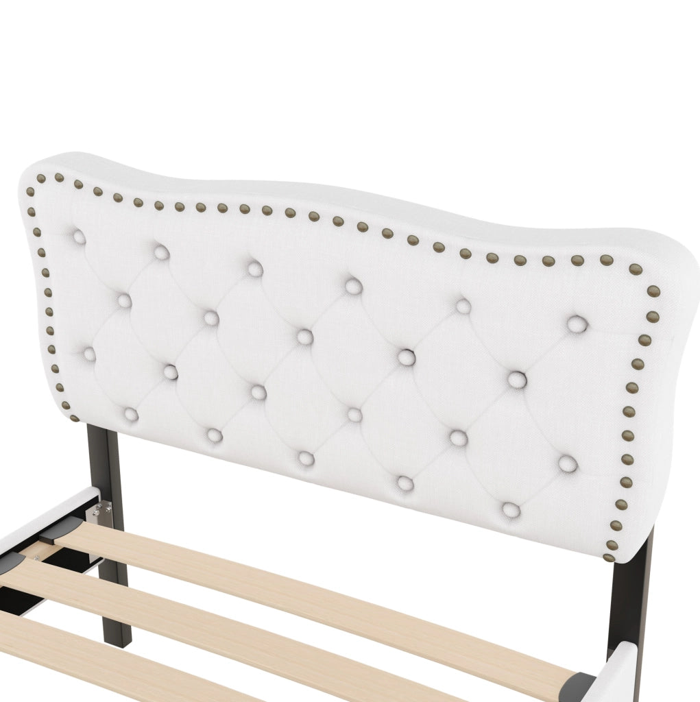 Letto imbottito 90x200 cm con cassetti; bottoni decorativi; MDF; beige chiaro