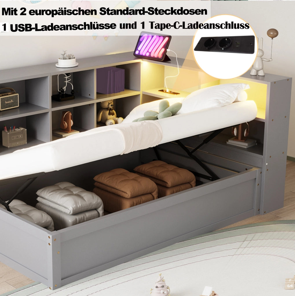 Letto multifunzione 90x200 cm con LED, presa e vani grigio