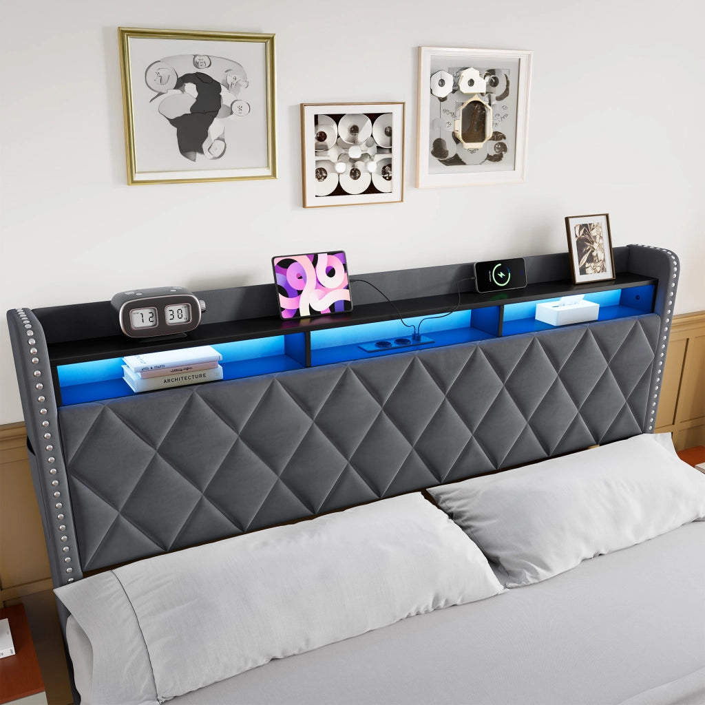 Letto imbottito 180x200 cm grigio scuro in velluto con contenitore, LED e porte USB