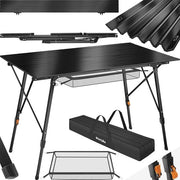 Tavolo da Campeggio in Alluminio - Tavolo Opportuno - Piastra XXL - Supporti Regolabili - Resistente alle Intemperie - Tasca Portatile - 120 x 70,5 cm - Nero