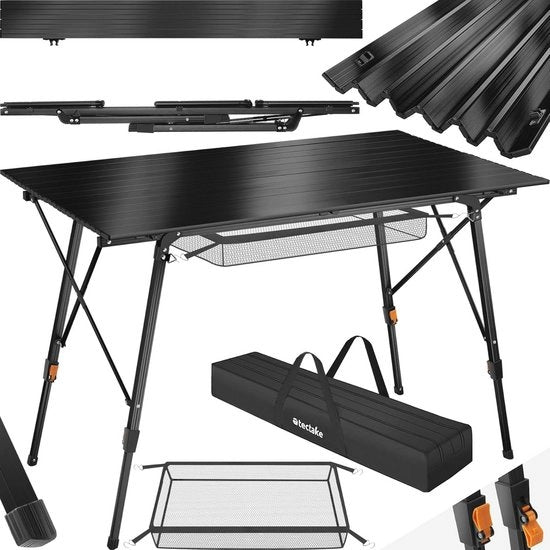 Tavolo da Campeggio in Alluminio - Tavolo Opportuno - Piastra XXL - Supporti Regolabili - Resistente alle Intemperie - Tasca Portatile - 120 x 70,5 cm - Nero