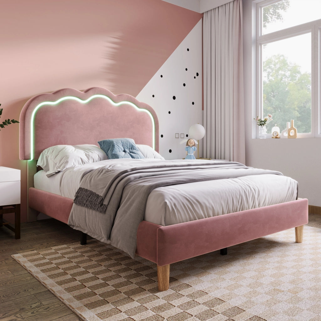 Letto Singolo 90 x 200 cm; Letto con Testiera Regolabile e LED; senza Materasso; in Velluto; Rosa
