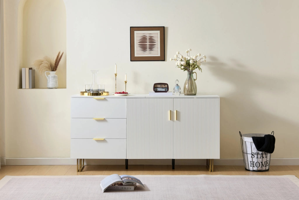 Sideboard moderno in MDF bianco con 2 porte, 3 cassetti e gambe in acciaio
