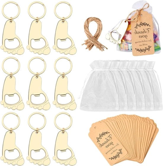 Decine di Accessori per Chiavi con Apripesca in Sacchetto di Organza - Ideali per Matrimonio e Battesimo - Regali per Ospiti con Etichette da Regalo