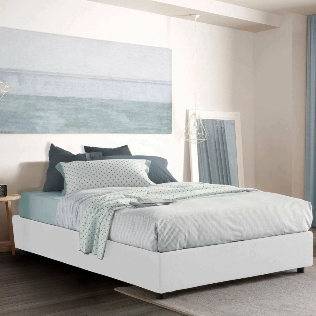 Letto matrimoniale Arvic, Letto contenitore con rivestimento in tessuto, Made in Italy, Apertura frontale, adatto per materasso cm 140x200, Bianco