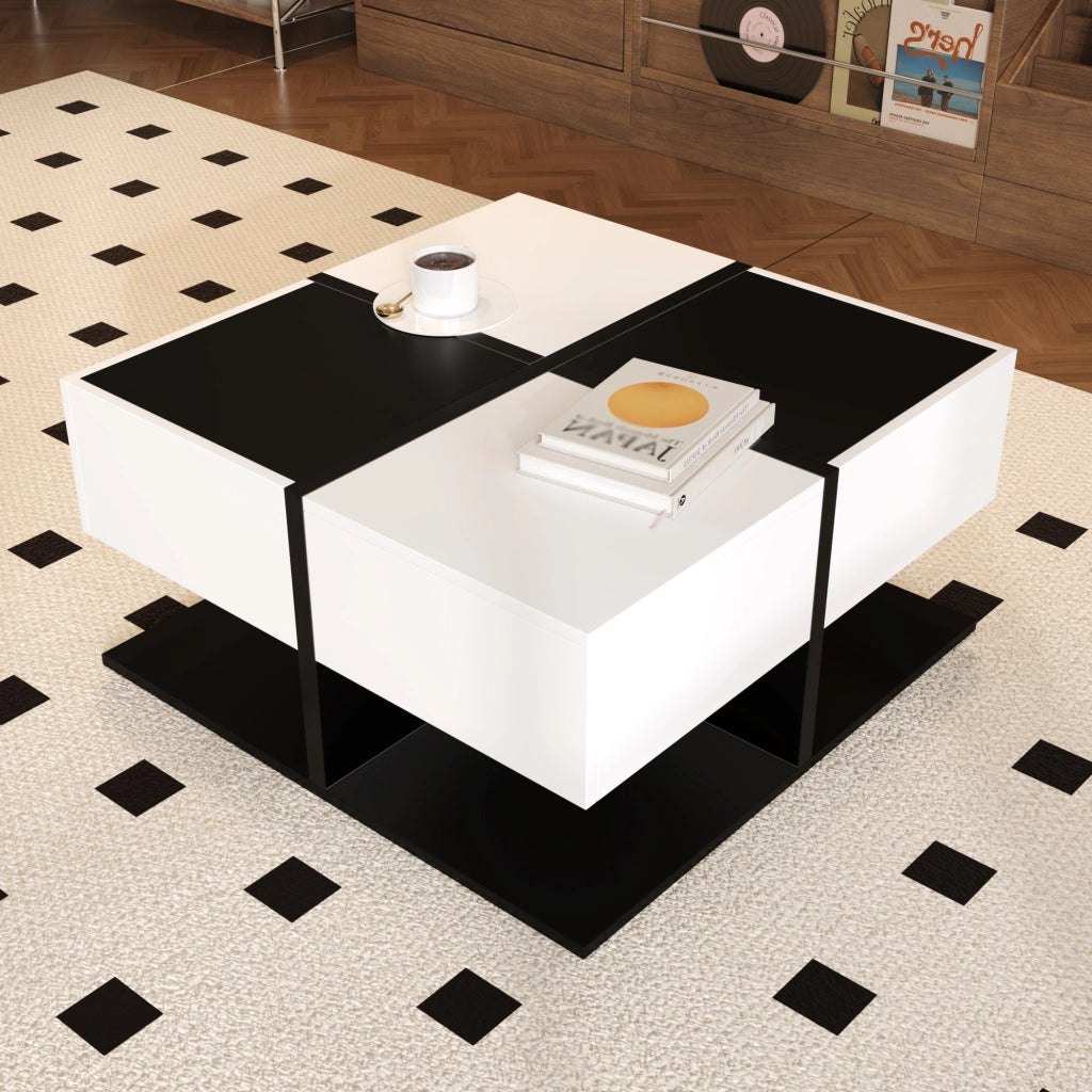 Tavolino da salotto quadrato con 2 Cassetti; vano contenitore nascosto; per soggiorno; in pannello truciolare; 70 × 70 × 35.5 cm; nero e bianco