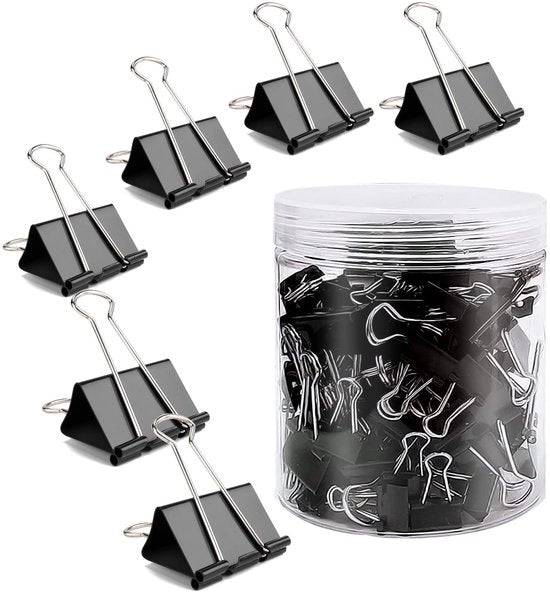 Set di Clip da Carta 25mm Nero - 100 pezzi 

 Specifiche tecniche:
 - Materiale: Metallo
 - Dimensioni: 25mm
 - Quantità: 100 pezzi