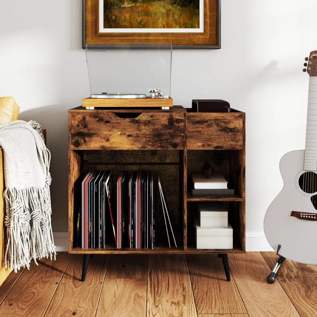 Tavolo record in vinile con cassetto estraibile-Supporto per giradischi per soggiorno e camera da letto Marrone Rustico