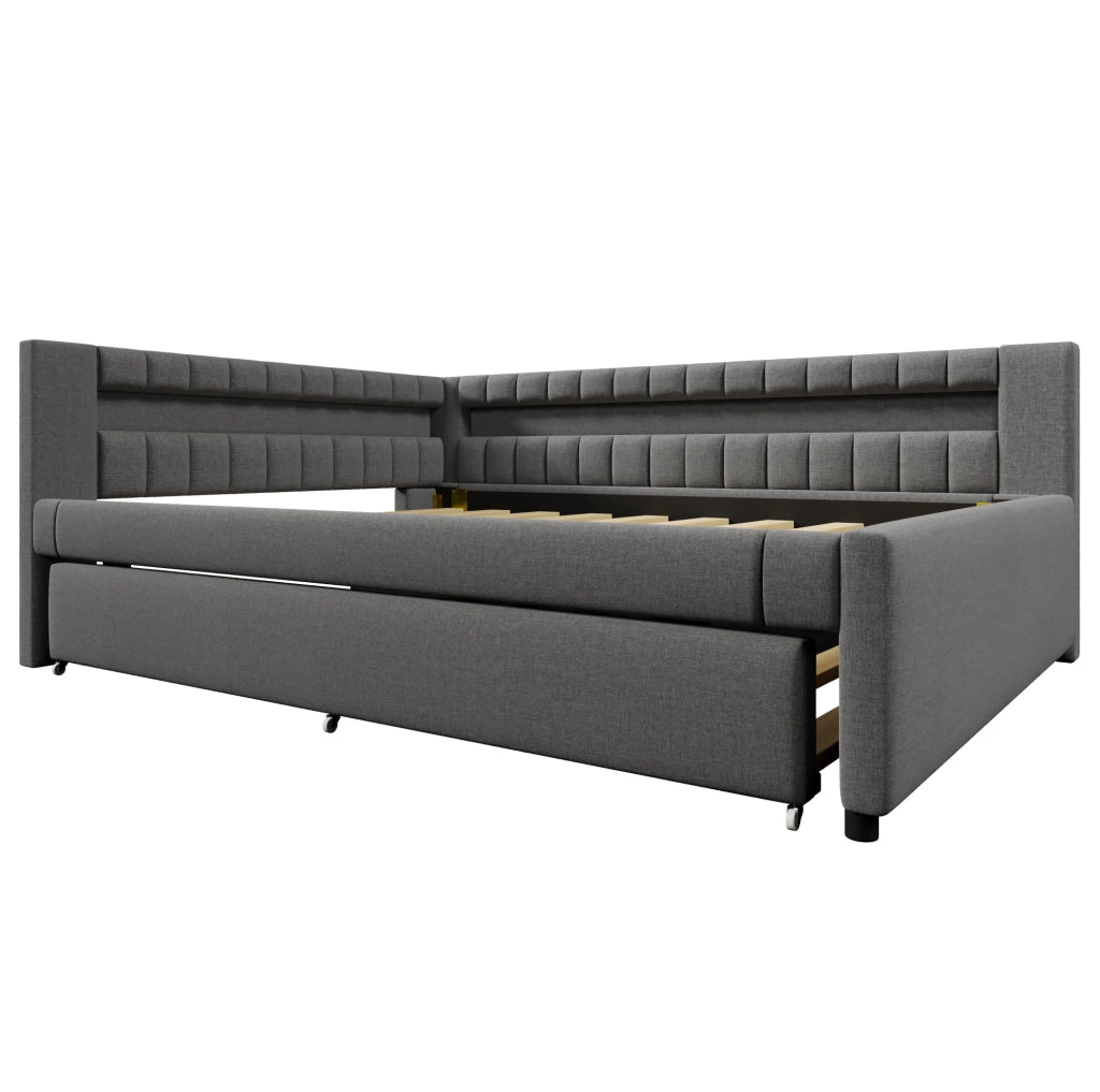 Letto 140x200 cm con letto estraibile e striscia LED in lino grigio
