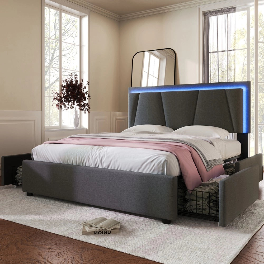 Letto Contenitore Imbottito con LED e 4 Cassetti ¨C Xylo ¨C Grigio, 160x200