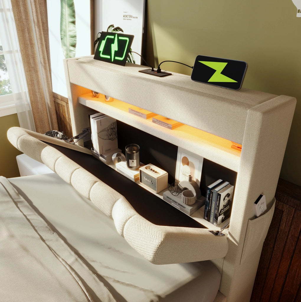 Letto matrimoniale 90x200 cm con LED; USB e Type-C; contenitore idraulico; con materasso; beige