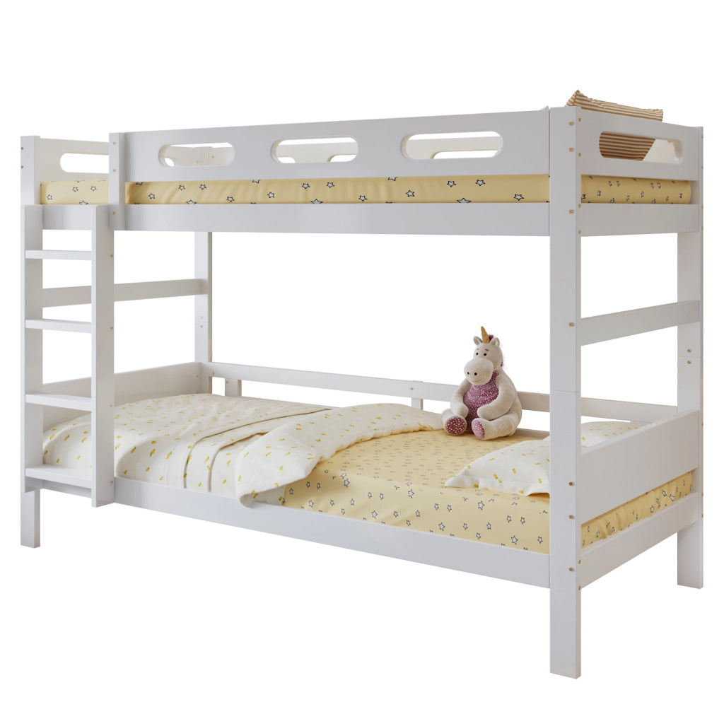 Letto a castello 90x200 cm con scala e barriera di sicurezza in legno bianco