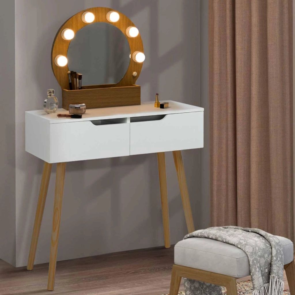 Toeletta con specchio e 2 cassetti scandinavo in legno e bianco con specchio HORIA