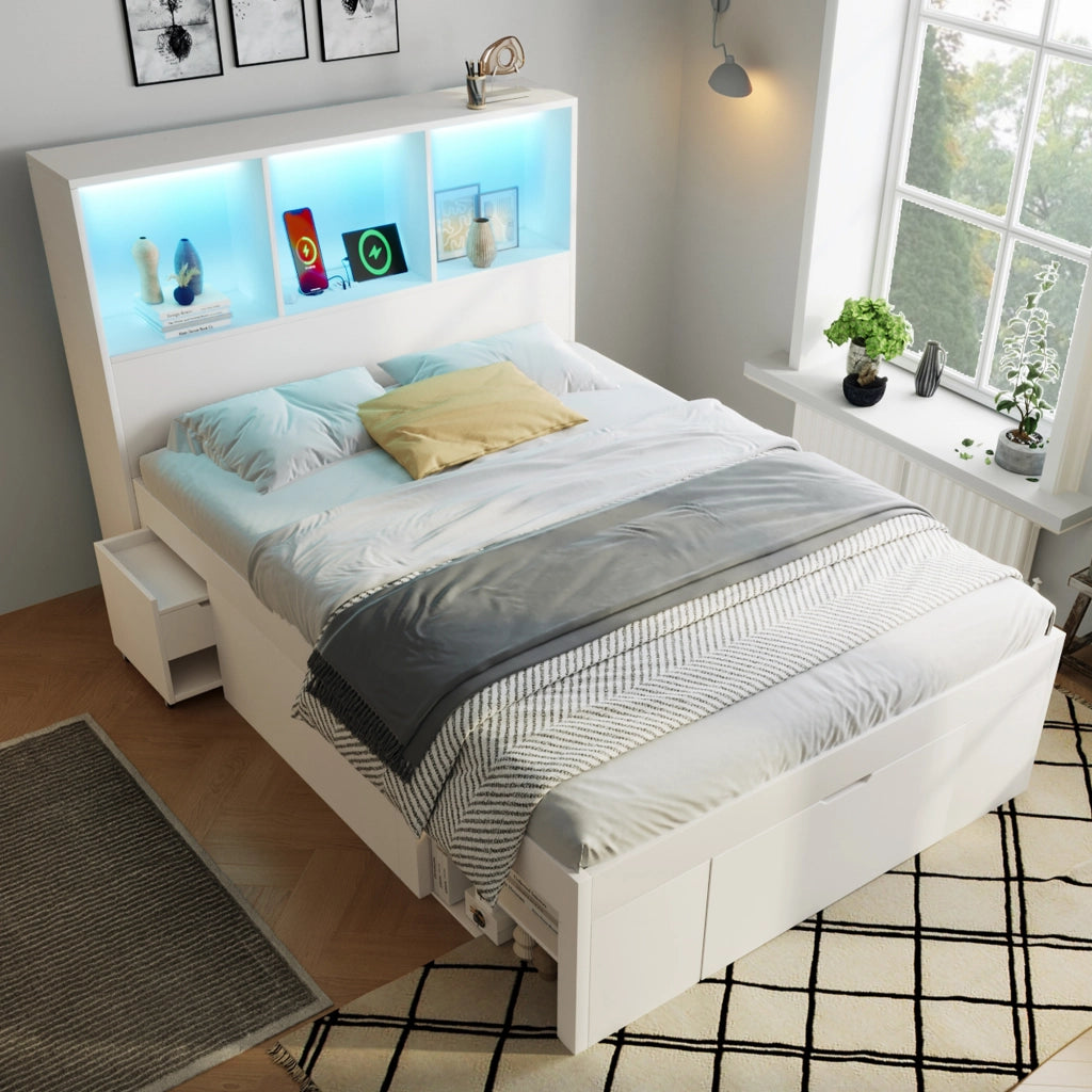 Letto Singolo con Contenitore, Comodino, Cassetti, Ripiani e LED ¨C MINIMAL ¨C Legno Bianco 90x200