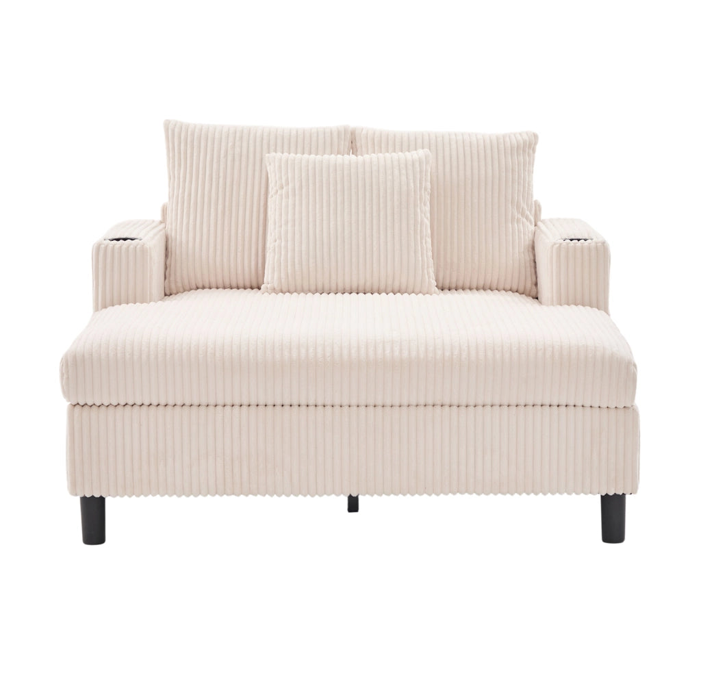 Poltrona relax oversize con LED; porta USB e portabevande; 142×128×85 cm; velluto a coste beige