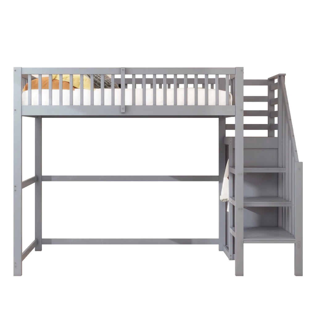 Letto a castello grigio con scala funzione contenitore in legno 90x200 cm