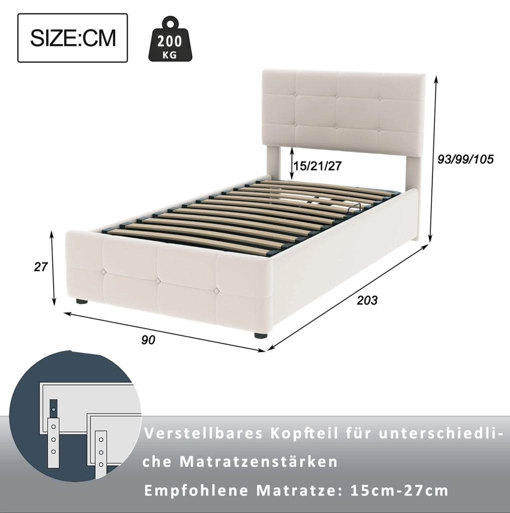 Letto imbottito per bambini 90x200 cm con contenitore; testiera regolabile; velluto beige