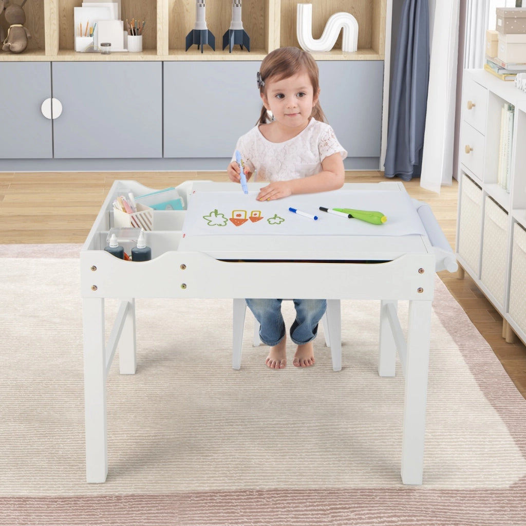 Tavolo multiattivit¨¤ bambini con piano reversibile porta rotolo di carta da disegno, Tavolo costruzioni Bianco-Tavoli e sedie