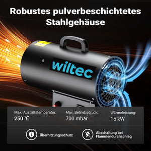 Generatore di calore a gas GPL, 15 kW 30 W 320m³/ora, cannone aria calda con avviamento piezoelettrico, incluso riduttore di pressione del gas per la Francia 700 mbar con tubo da 1,5 m