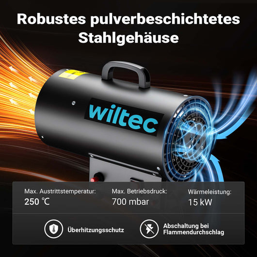 Generatore di calore a gas GPL, 15 kW 30 W 320m³/ora, cannone aria calda con avviamento piezoelettrico, incluso riduttore di pressione del gas per la Francia 700 mbar con tubo da 1,5 m