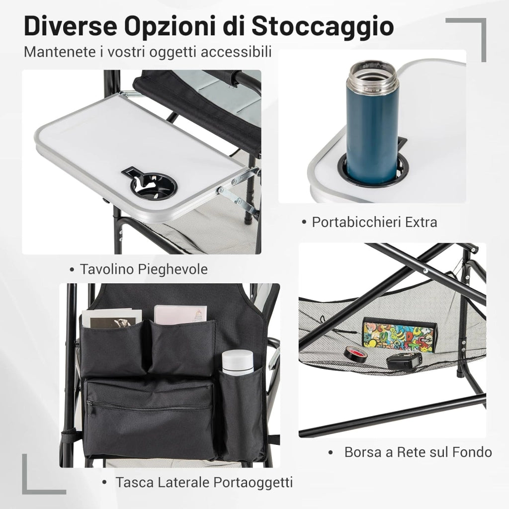 Sedia da Direttore Alta 116,5 cm, Sedia Campeggio Pieghevole per Truccatori con Tavolo Laterale Pieghevole & Poggiapiedi, Borsa in Rete e Tasca di Stoccaggio, Portata 150 kg