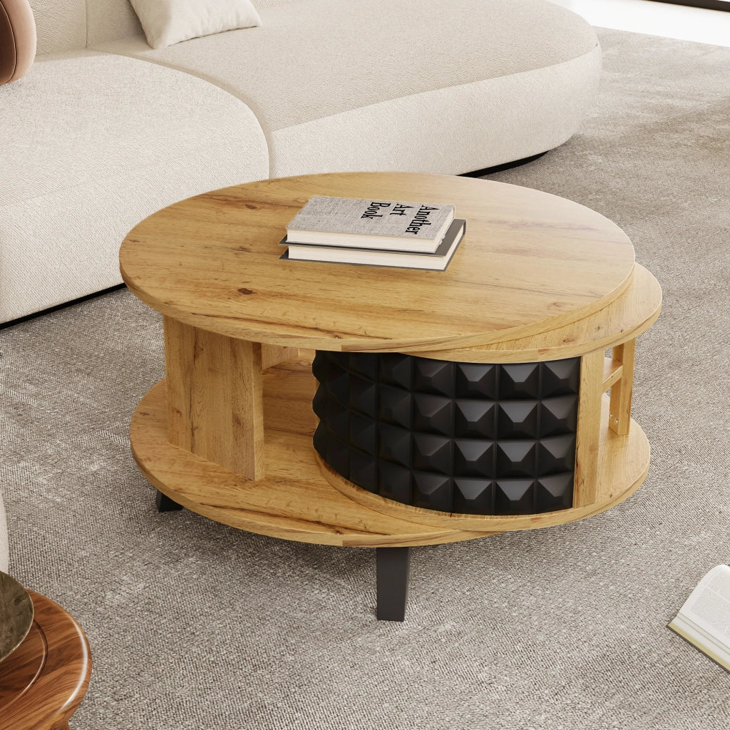 Tavolino da Salotto Girevole con Piano a 2 Livelli e Vano Nascosto 360°; Stile Moderno; in Pannello Truciolare; Naturale