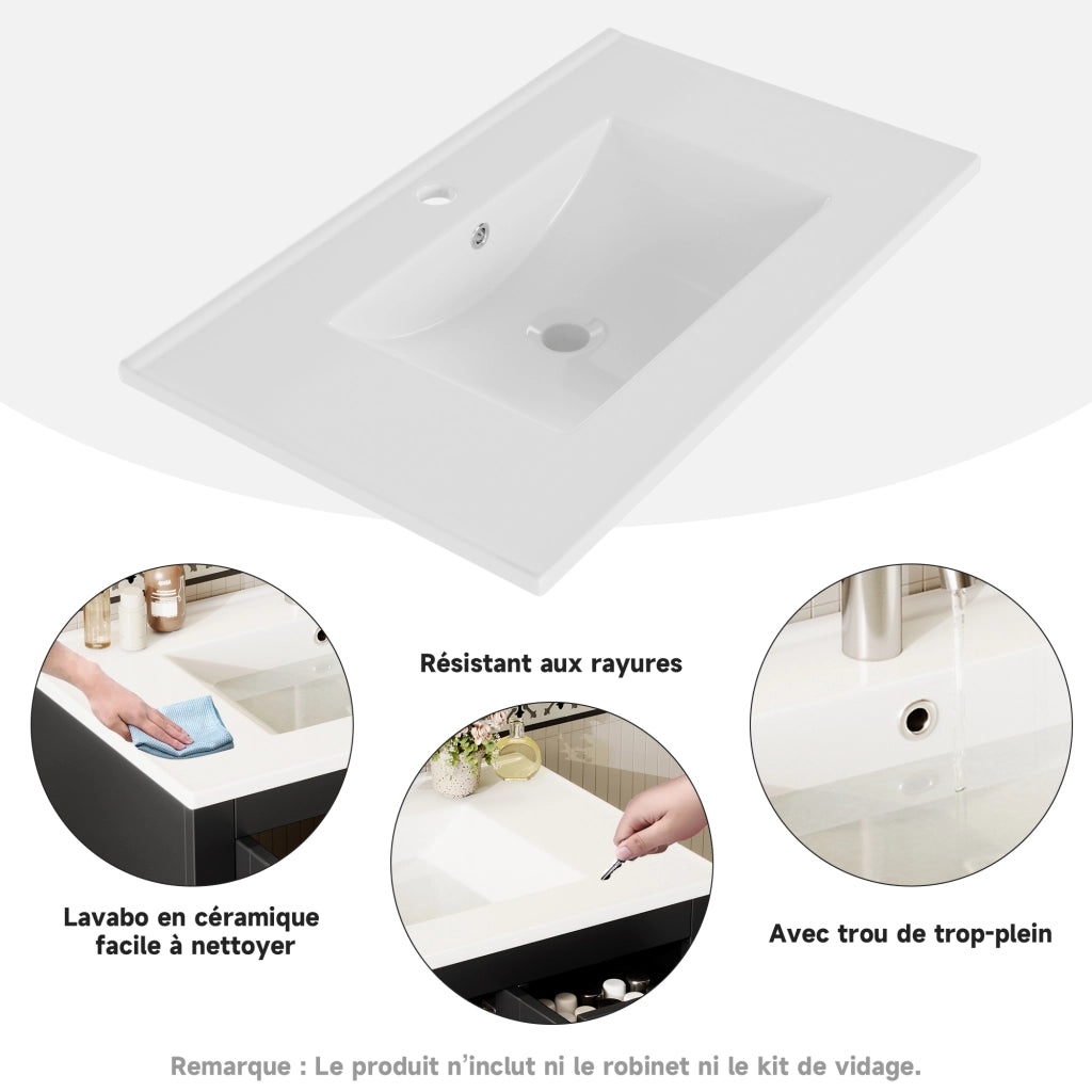 Mobile sottolavabo con lavabo integrato 3 cassetti doppio armadietto MDF e ceramica nero 76 × 46,5 × 85,5 cm