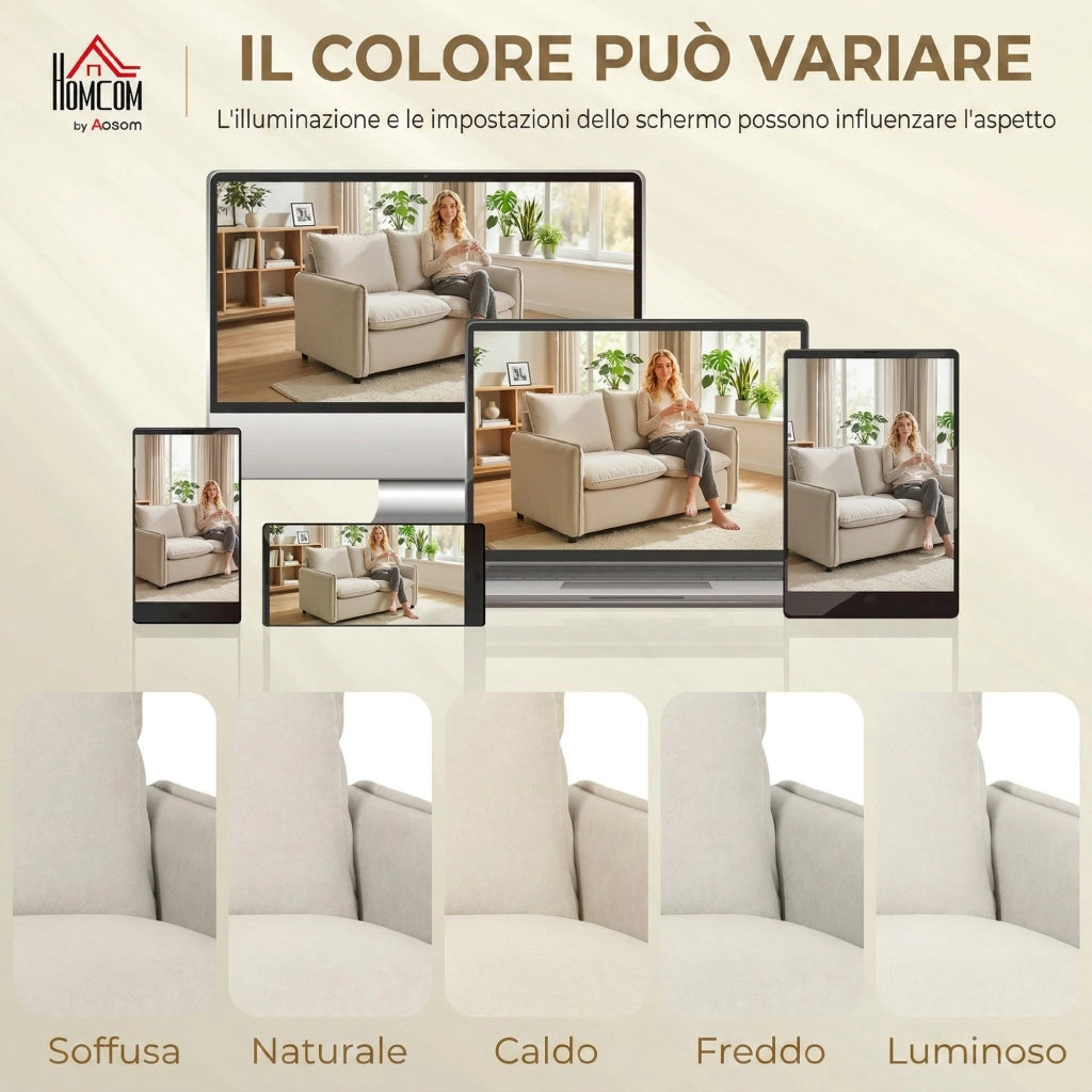 Divano 2 Posti Imbottito in Tessuto Effetto Pelle Traspirante, Imbottitura Spessa, 2 Cuscini, Braccioli, per Soggiorno, Crema